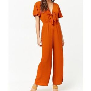 Orange 70s Style Tie Front Jumpsuit